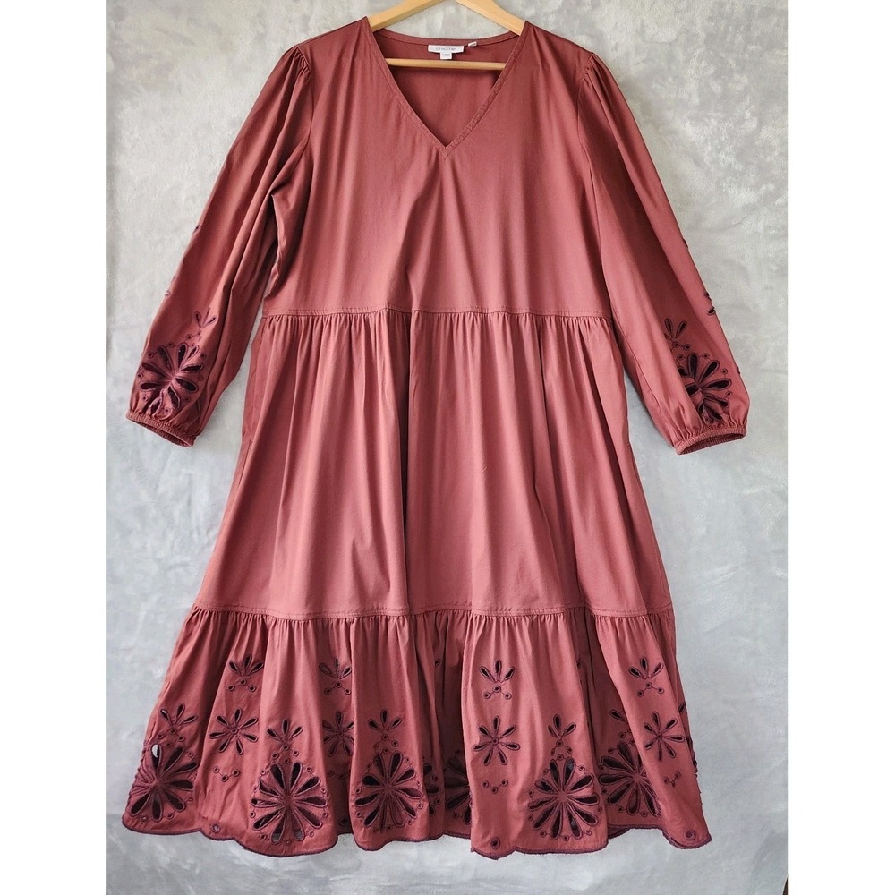 Chicos Dress Womens Size 12 Poplin Eyelet Embroidered Lace Tiered Pockets Sienna